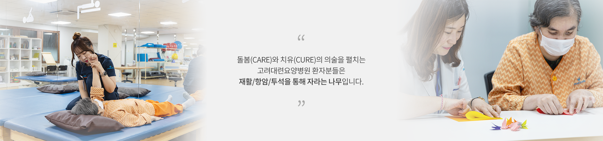 돌봄(Care)와 치유(Cure)의
        의술을 펼치는 고려대련요양병원 환자분들은
        재활/요양을 통해 자라는 나무 입니다.